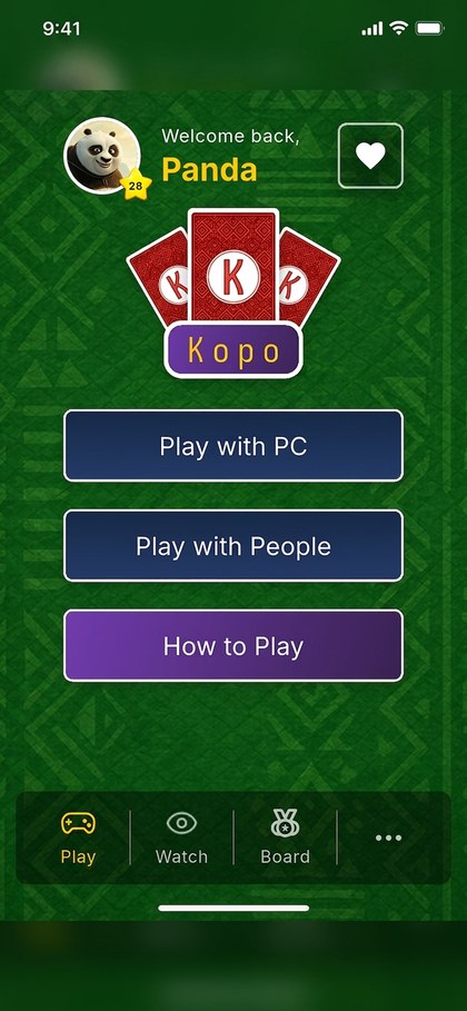 Kopo home screen with game options