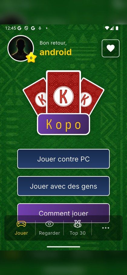 Ecran d'accueil Kopo avec les options de jeu